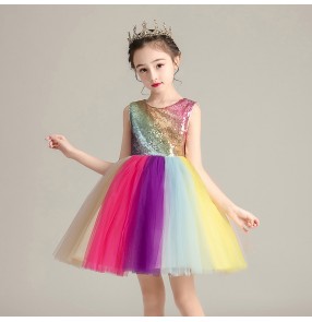 Rainbow sequins princess host flower girls dress for kids stage performacne church choir dress for kids