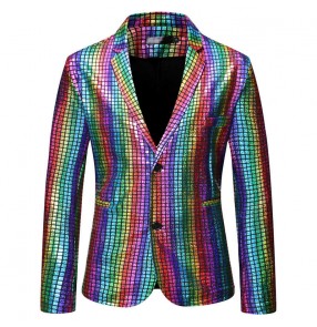 Rainbow striped glitter jazz dance blazers for men youth singer host rapper drummer stage performance coats modern dance dress suit for man