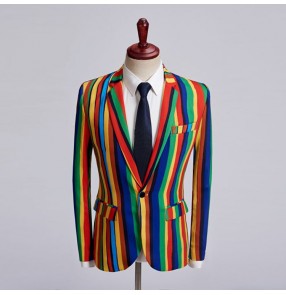 Rainbow striped men's singers chorus performance blazers male competition show competition host magician cosplay coats