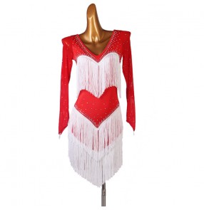 Red and white tassels rhinestones latin dance dress for female competition salsa chacha dance dresses costumes for women