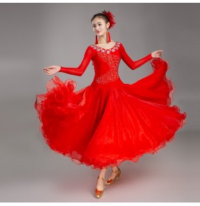 Red ballroom competition dance dress for women female girls stage performance professional ballroom waltz tango dance dress