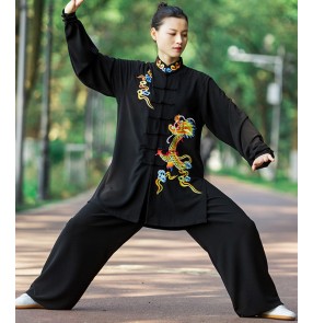 Red black Chinese dragon kungfu Tai Chi clothing female Male cotton embroidery Tai Chi martial arts wushu stage performance tai ji quan morning gyms exercises practice suit for spring and autumn