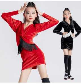 Red black colored Velvet girls Latin dance Dresses long-sleeved jazz dance ballroom dane dress for kids competition skirt