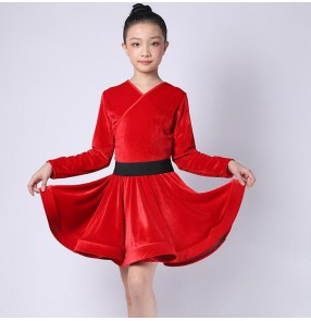 Red black velvet long sleeves latin dance dresses for girls kids stage performance latin dance costumes salsa rumba chacha dance dresses