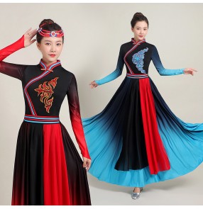 Red blue gradient Mongolian dance performance dress for women Female modern minority Mongolia performance costumes ethnic art test practice gown