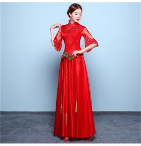 Red Chinese dress wedding party qipao dresses chinese traditional bridal banquet evening party lace A line long dresses for women