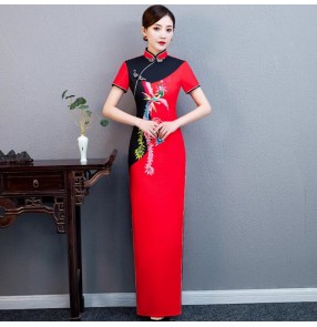 Red Chinese dresses qipao women retro cheongsam oriental dresses model show stage performance dresses