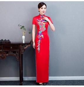 Red chinese dresses traditional chinese qipao cheongsam dresses for women model show miss etiquette stage performance dresses