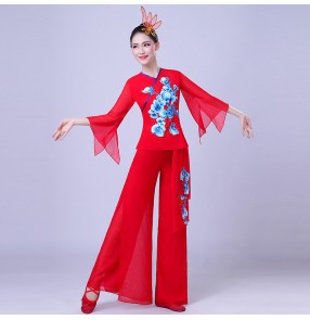Red chinese folk dance costumes  for women ancient traditional classcial yangko fan umbrella dance costumes square dance clothes for women