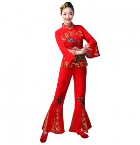 Red chinese folk dance costumes for women flowers chinese traditional yangko umbrella fan drum dance dress for female