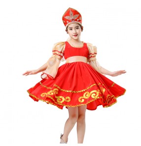 Red color Children girls Russian exotic folk dance costumes European court Palace film drama cosplay dresses film and television performance costumes for kids