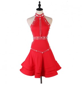 Red color competition latin dance dresses for women salsa rumba chacha dance dresses