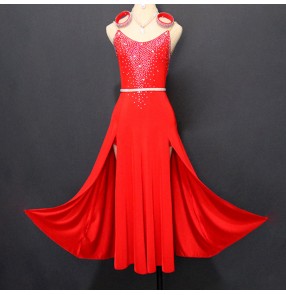 Red colored women's latin dance dresses rhinestones modern dance salsa rumba chacha dance dresses