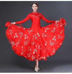 Red competition ballroom dance dress for women rhinestones bling ballroom dance skirts waltz tango dance dress for female