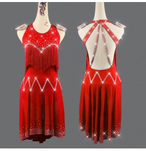 Red diamond tassels competition latin dance dress for women girls salsa rumba chacha dance dress latin dance costumes for female