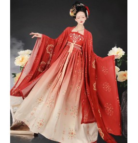 Red fairy chinese Hanfu for women girls Tang Han Ming dynasty princess empress queen cosplay dress big sleeve shirt Hezi skirt Chinese ancient folk fairy costumes for lady