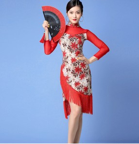 Red floral black tassels latin dance dress for women chinese style cheongsam long sleeves latin dance costumes salsa chacha dance dress for female