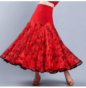 Red floral women's ballroom dancing skirt stage performance waltz tango dance skirts costumes