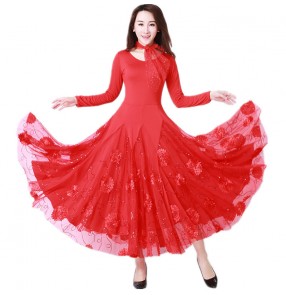 Red flowers ballroom dancing dress for women tango waltz dance dress costumes