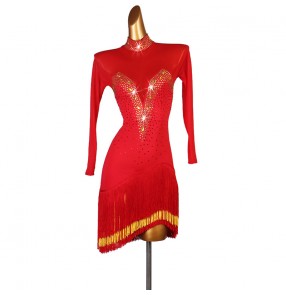 Red fringes thinestones latin dance dresses for women girls salsa rumba chacha dance dress costumes