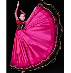 Red fuchsia Spanish flamenco dance dresses for women girls opening dance ballroom dress paso double bull dance costumes for female