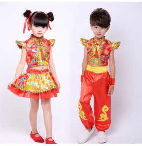 Red gold Chinese dragon pattern folk dance girl's boys kids children performance drummer opening dancing cosplay dance costumes dresses