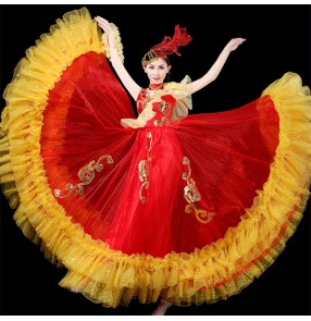 Red gold flamenco dresses spanish paso double dance Stage Dancer Performance Costume ballroom dance dresses Long Skirt Yellow Dance Costumes for Female