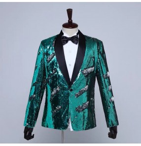 red gold royal blue green sequin jazz dance blazers for men male youth host singers wedding party stage performance coats 