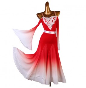 Red gradient with white lace appliques ballroom dancing dress for women kids waltz tango foxtort standard smooth dance dress ballroom dance gown
