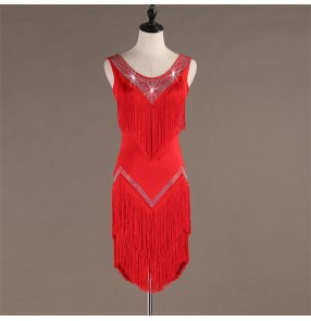 Red latin dresses for kids women tassels diamond salsa rumba chacha dance skirt dresses