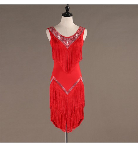 Red latin dresses for kids women tassels diamond salsa rumba chacha ...