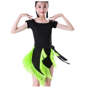 Red neon green tassels with black latin dance dresses for girls kids children salsa ballroom dance costumes latin dancing tops and skirts for kids