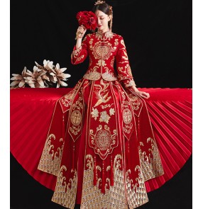  Red Phoenix Wedding Dresses for Bride Women Chinese Wedding Dress women photos shooting cheongsam wedding party Dragon and Phoenix Gown