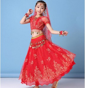 red pink Indian dance costumes for kids belly dance skirt children Xinjiang performance dress for girls