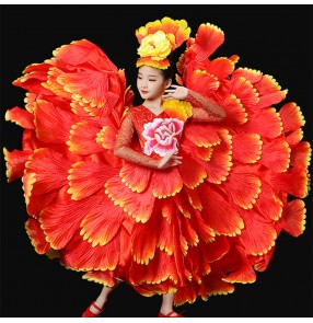 Red pink petals Flamenco Dresses for girls Children opening dance big swing skirt primary school students spanish bull dance ballroom Petal skirts 