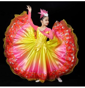 Red pink yellow flamenco dance dress for girls opening dance chorus spanish bull dance swing skirts model show birthday gift song accompaniment dance dresses