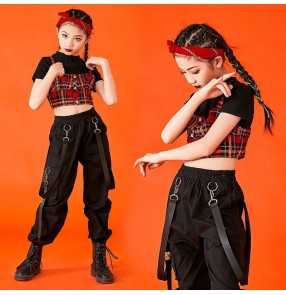 Red plaid England style Hip hop jazz costumes for children Girl model fashion gogo dancers outfits Children performance costumes