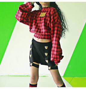 Red plaid girls hiphop street dance outfits stage performance modern dance hiphop tops and shorts