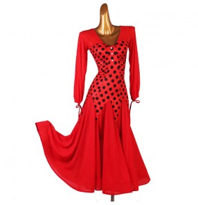Red polka dot ballroom dancing dress for women girls Modern dance examination V-neck ballroom dance skirts Waltz group dance dresses for lady