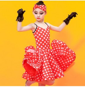 Red polka dot latin dance dress for kids girls salsa dance dress Abito da ballo latino rosso a pois per bambini