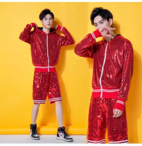 Red sequins men's jazz dance costumes modern dance hiphop pole night club dance cheerleaders stage performance tops and shorts