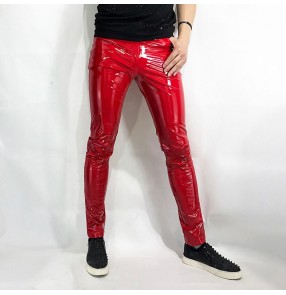 Red skinny mirror leather Jazz dance pants for men male singers gogo dancers hot dance PU pants sexy nightclub bar ds dj male model ds performance trousers
