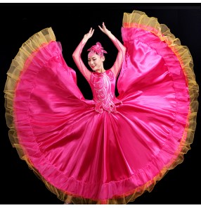 Red spanish flamenco dress for women girls spanish bull dance dress ballroom host singers opening dance dress for female