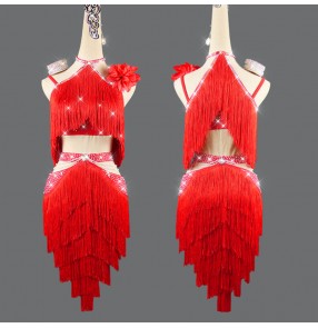 red Tassels competition latin dance dresses for women girls handmade belly dance dress salsa rumba chacha dance competition dance dresses