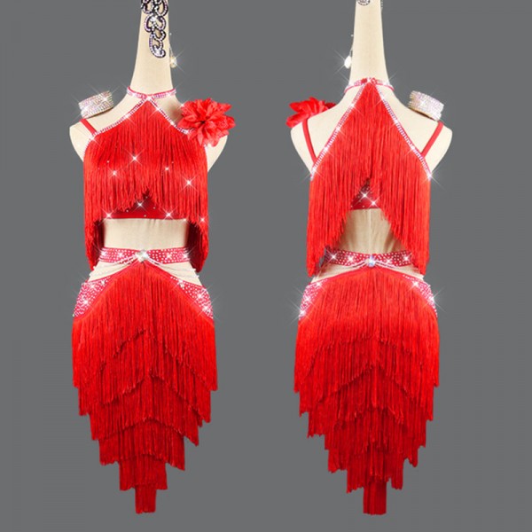 red Tassels competition latin dance dresses for women girls handmade belly  dance dress salsa rumba chacha dance competition dance dresses