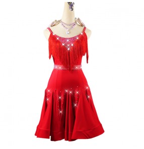 Red tassels competition latin dance dresses stage performance salsa chacha dance dress robe latine à pompons rouges
