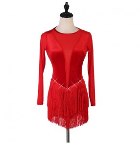 Red velvet tassels competition latin dance dresses with diamond for women girls long mesh sleeves v neck sexy rumba salsa chacha dance dress for woman