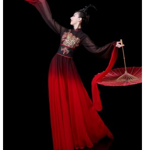 Red with black gradient colored chinese folk dance dresses fan dresses water sleeves traditional classical dance dresses