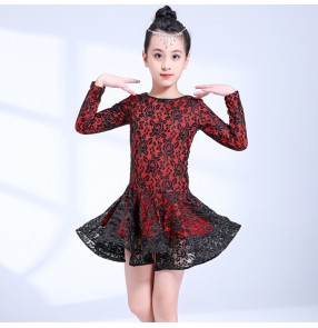 Red with black lace latin dresses  for girls children long sleeves competition gymnastics stage performance salsa rumba chacha dancing costumes 