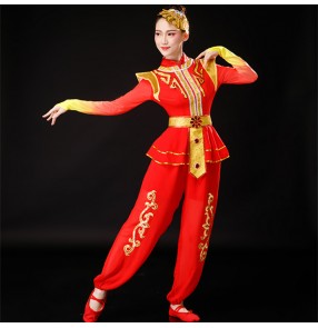 red with gold Chinese dragon folk dance costumes for women Drumming costumes Chinese style waist drum costume Yangko costume for female